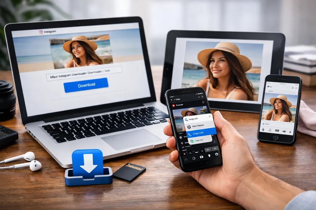 Téléchargement d’une photo Instagram depuis un ordinateur et un smartphone à l’aide d’un téléchargeur en ligne, illustrant la récupération d’images Instagram en haute résolution sur PC et mobile.