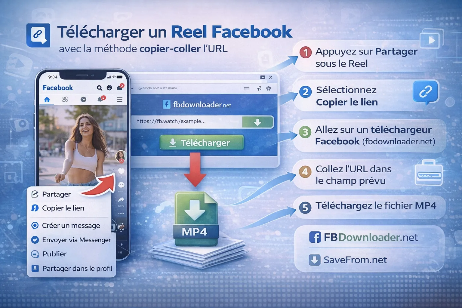 Illustration montrant comment télécharger un Reel Facebook en copiant le lien de la vidéo et en utilisant un téléchargeur en ligne pour récupérer le fichier MP4 sur mobile ou ordinateur.