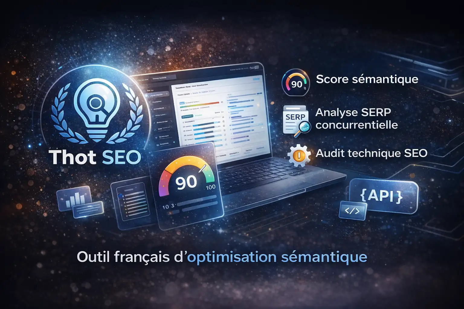 Illustration réaliste de l’outil Thot SEO montrant une interface d’optimisation sémantique avec score SEO, analyse SERP concurrentielle et audit technique pour améliorer le référencement naturel.