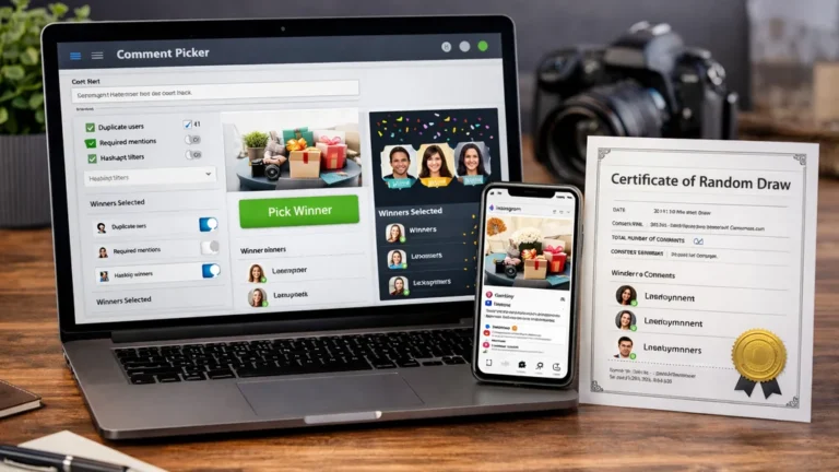 Tirage au sort Instagram : ordinateur avec outil comment picker, smartphone affichant une publication de concours et certificat de tirage au sort sur un bureau