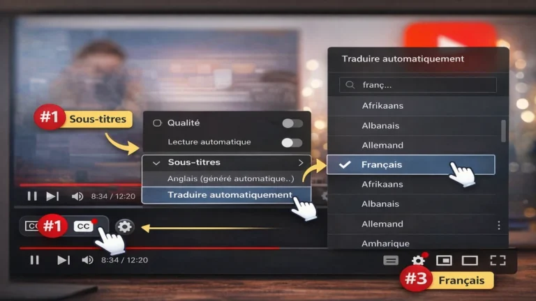 Interface YouTube montrant comment traduire automatiquement les sous-titres d’une vidéo via le bouton CC et l’option traduire automatiquement dans les paramètres.