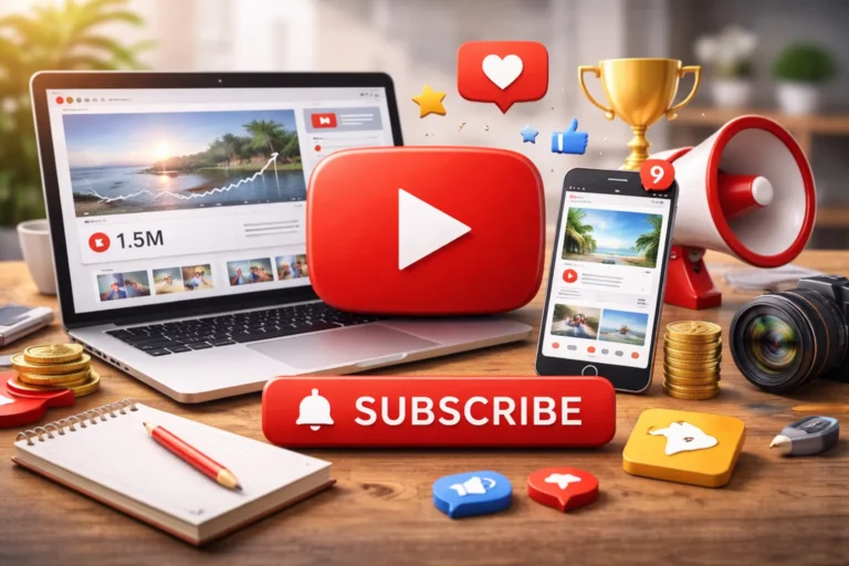 Illustration représentant l’univers YouTube avec icônes de création de contenu, analytics et abonnements, utilisée pour illustrer une liste de youtubeurs français commençant par la lettre F.