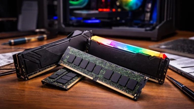 Barrettes de RAM DDR4 et DDR5 posées sur un bureau, avec un PC gaming en arrière-plan, illustrant l’achat et la compatibilité mémoire.