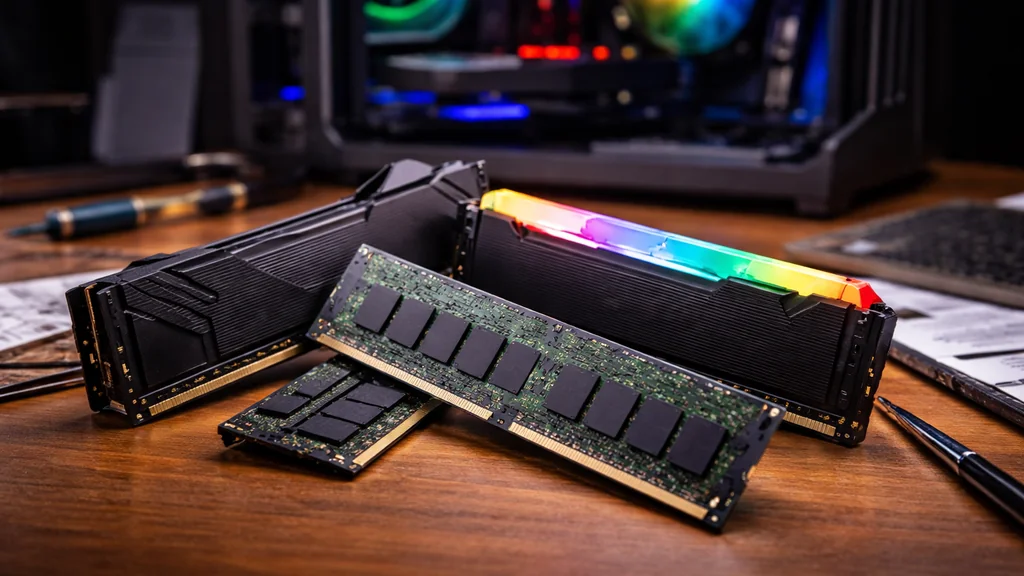 Barrettes de RAM DDR4 et DDR5 posées sur un bureau, avec un PC gaming en arrière-plan, illustrant l’achat et la compatibilité mémoire.