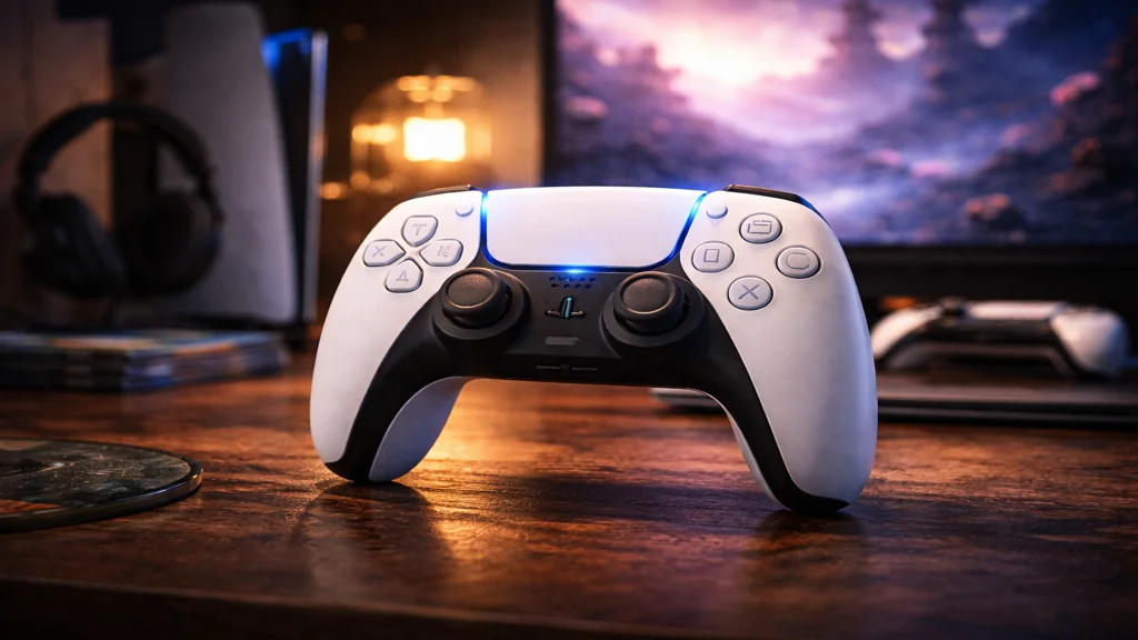 Manette PS5 DualSense posée sur un bureau gaming avec console et écran en arrière-plan, mise en avant dans une pièce éclairée.
