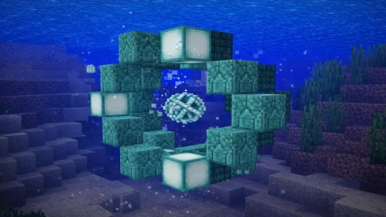 Structure de canalisation Minecraft activée sous l’eau avec cadre en prismarine et lanternes aquatiques donnant la Force de conduit