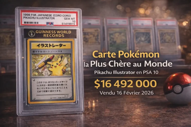 Carte Pokémon Pikachu Illustrator PSA 10 exposée sous boîtier de grading, considérée comme la carte Pokémon la plus chère du monde avec record de vente historique