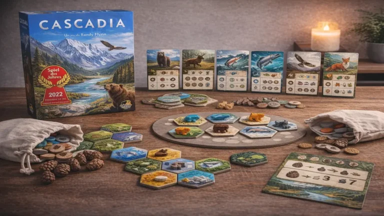 Jeu de société Cascadia avec tuiles hexagonales habitats et jetons animaux sur table en bois édition Lucky Duck Games Spiel des Jahres 2022