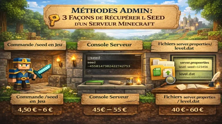 Illustration Minecraft montrant les méthodes pour récupérer la seed d’un serveur via commande /seed, console serveur et fichiers level.dat.