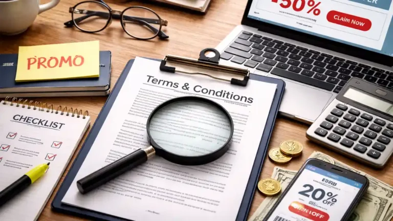 Loupe sur des conditions générales et checklist sur un bureau, illustration pour décrypter une promotion en ligne et éviter les pièges