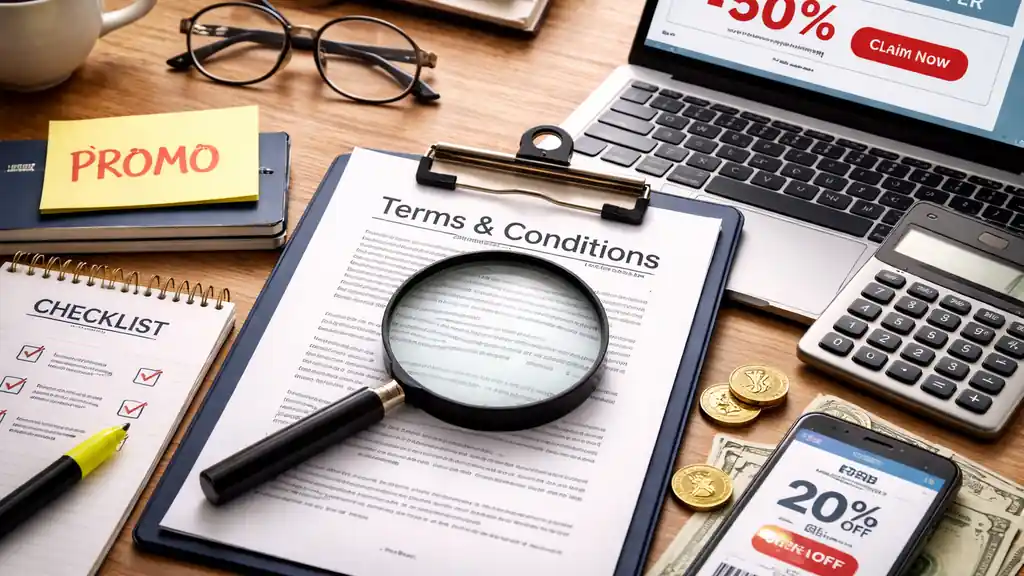 Loupe sur des conditions générales et checklist sur un bureau, illustration pour décrypter une promotion en ligne et éviter les pièges