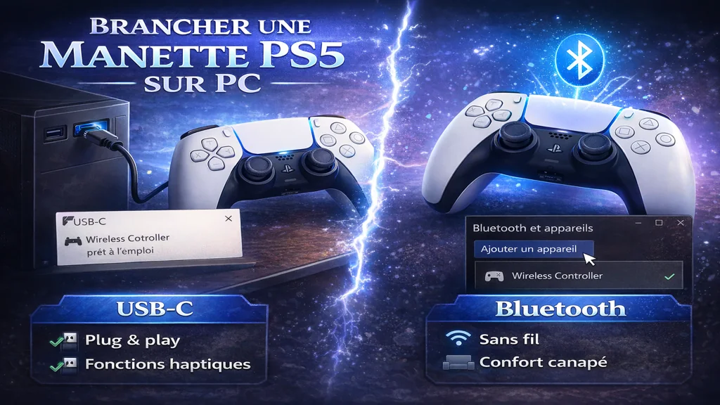 Manette PS5 DualSense connectée à un PC en USB-C et en Bluetooth avec interface Windows affichant Wireless Controller.