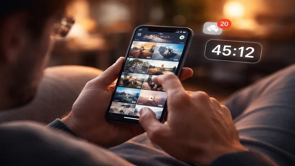 Personne utilisant un smartphone le soir sur un canapé, illustrant la perte de temps liée au scroll infini et à l’usage excessif des réseaux sociaux.