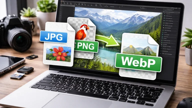 Image réaliste d’un ordinateur portable sur un bureau illustrant la conversion d’images JPG et PNG en format WebP pour optimiser le poids et la performance d’un site web.