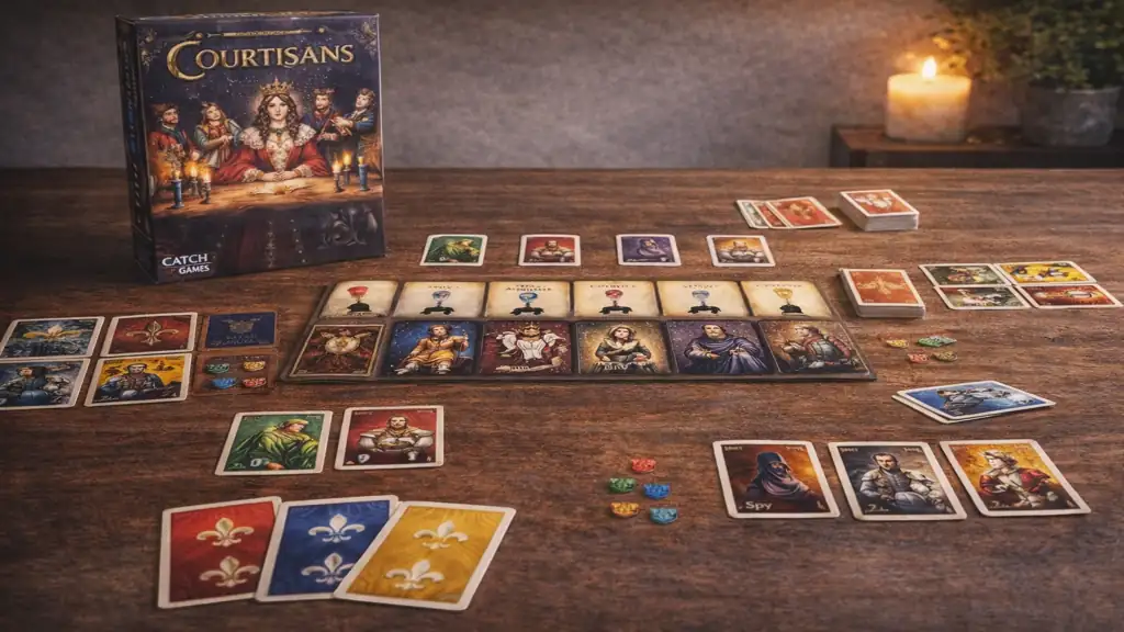Jeu de société Courtisans avec cartes personnages et table de la Reine disposées sur une table en bois, configuration de partie pour 2 à 5 joueurs.