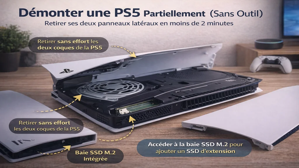 PS5 démontée partiellement avec retrait des panneaux latéraux et accès à la baie SSD M.2 pour nettoyage et extension de stockage