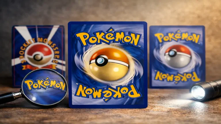 Dos officiel d’une carte Pokémon bleu avec logo central et comparaison visuelle pour identifier une contrefaçon