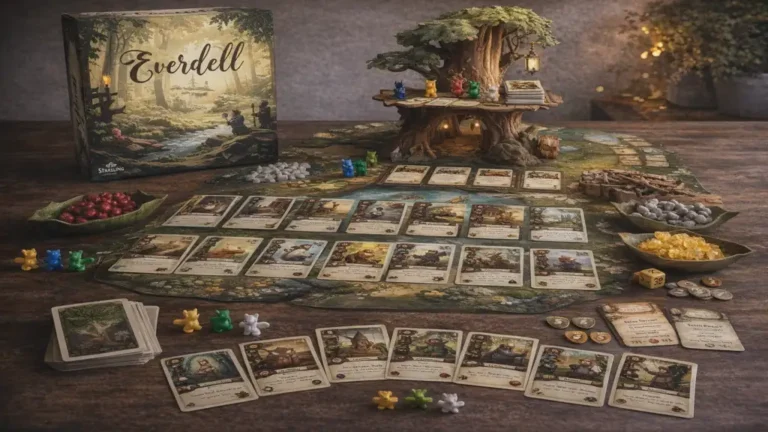 Jeu de société Everdell avec plateau forêt et arbre en 3D, cartes animaux et ressources disposées sur une table en bois, configuration de partie 1 à 4 joueurs