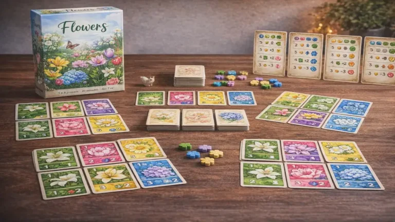 Jeu de société Flowers avec cartes fleurs colorées disposées en grille sur une table en bois, configuration de partie pour 1 à 4 joueurs.