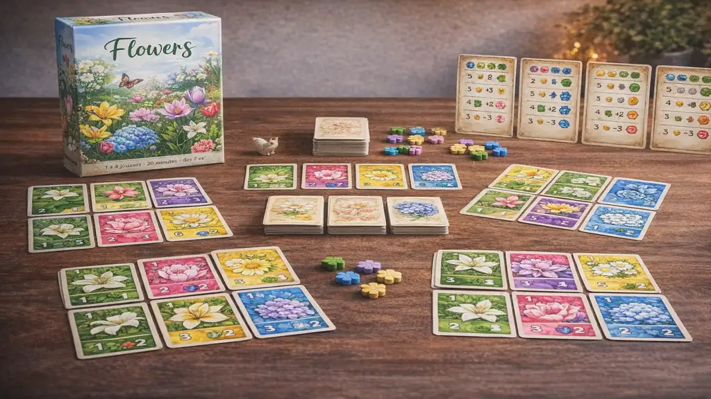 Jeu de société Flowers avec cartes fleurs colorées disposées en grille sur une table en bois, configuration de partie pour 1 à 4 joueurs.