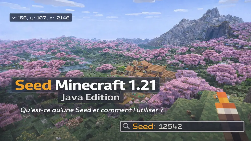 Paysage Minecraft 1.21 avec biome cerisiers et village au spawn illustrant une graine de monde seed Java Edition