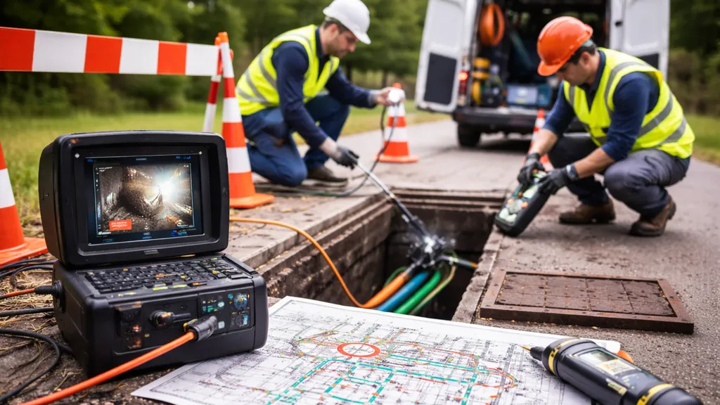 Inspection d’un réseau télécom en chambre souterraine avec caméra et matériel de localisation pour détecter un point de blocage sur un fourreau fibre optique.