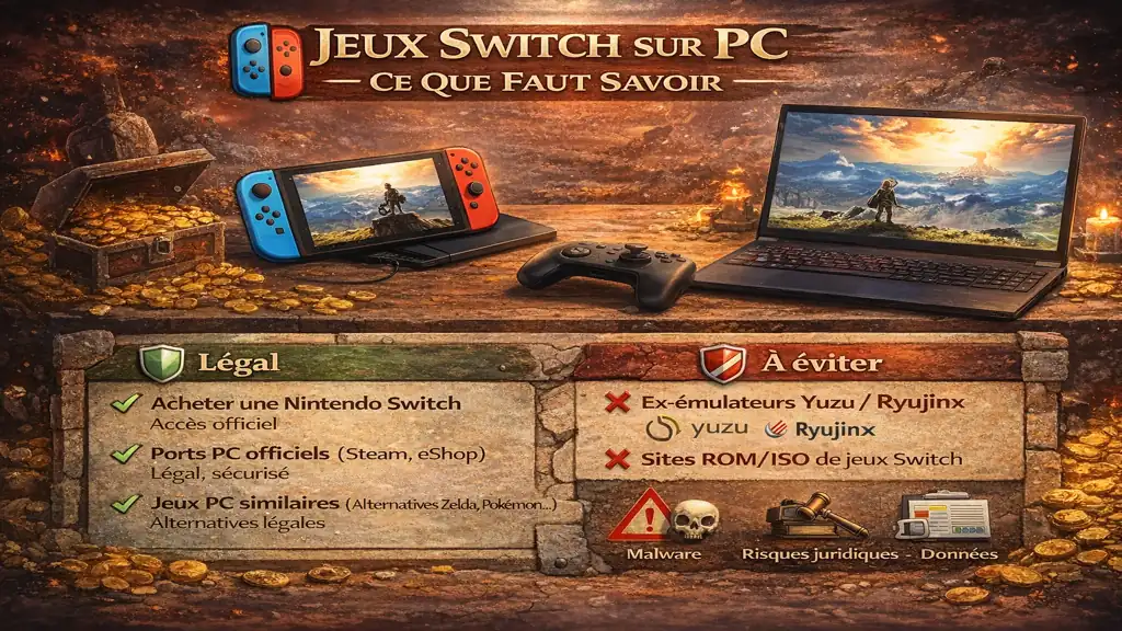 Comparatif illustré montrant options légales et illégales pour jouer aux jeux Nintendo Switch sur PC, avec console Switch, PC portable et avertissements sécurité.