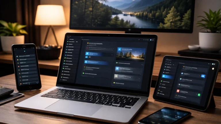 Bureau moderne avec ordinateur, tablette et smartphones affichant une interface en mode sombre, illustrant l’activation du dark mode sur différents appareils et systèmes.