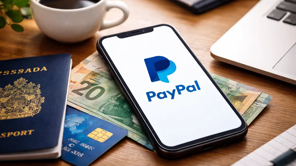 Smartphone affichant PayPal sur un bureau avec dollars canadiens, pour illustrer le paiement en ligne sécurisé au Canada