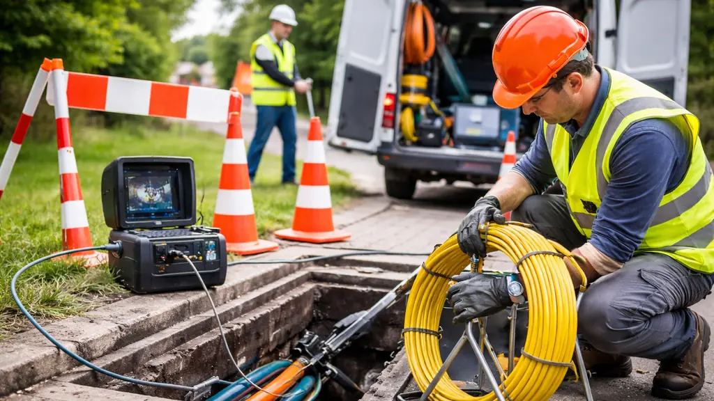 Technicien télécom inspectant un regard avec une aiguille de tirage pour localiser un point de blocage sur un réseau télécom (fourreau fibre optique).