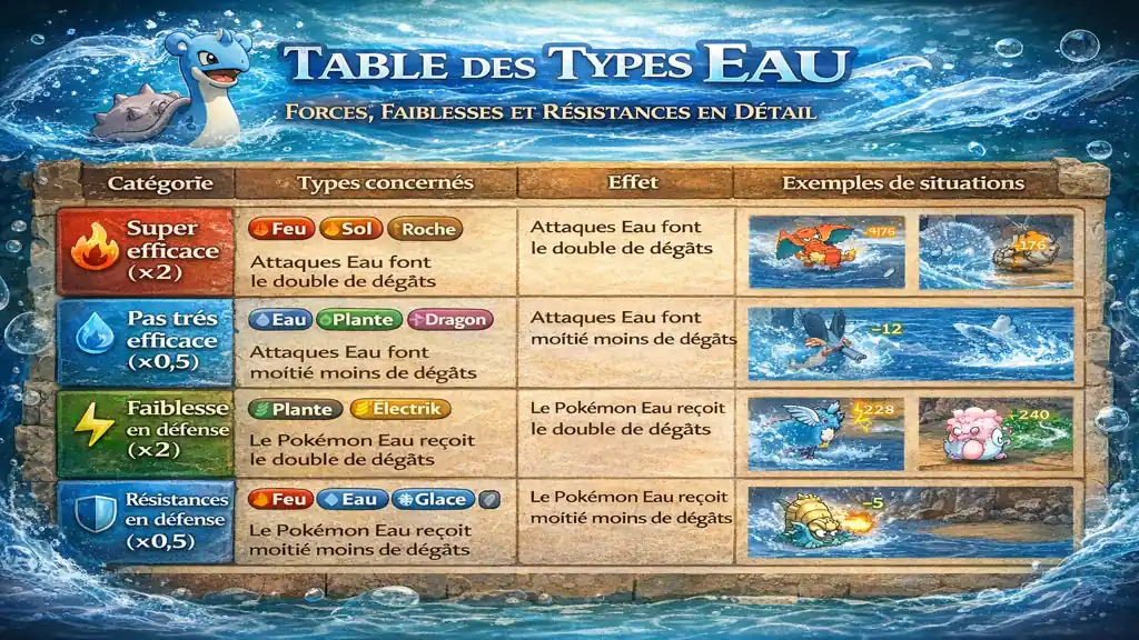 Table des types Pokémon Eau montrant forces, faiblesses et résistances face aux types Feu, Sol, Roche, Plante et Électrik.