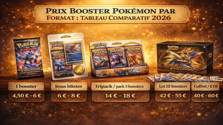 Différents formats de boosters Pokémon 2026 (booster seul, tripack, lot 10, coffret ETB) présentés en comparaison de prix sur fond lumineux.