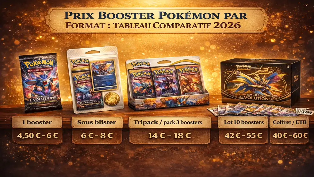 Différents formats de boosters Pokémon 2026 (booster seul, tripack, lot 10, coffret ETB) présentés en comparaison de prix sur fond lumineux.