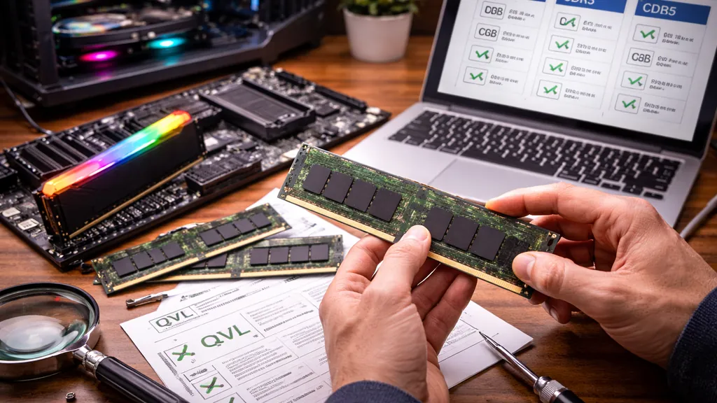 Installation de RAM sur PC : mains tenant une barrette mémoire près d’une carte mère et d’un ordinateur affichant une checklist de compatibilité DDR4/DDR5.