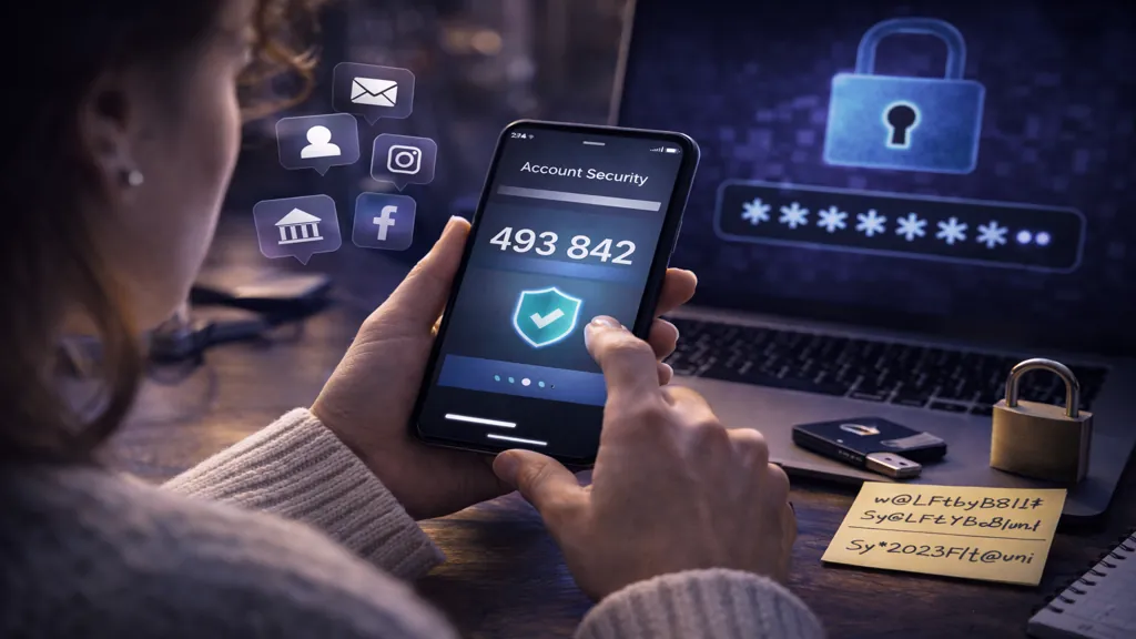Femme utilisant la double authentification sur smartphone devant un ordinateur portable, illustrant la sécurisation des comptes en ligne et la protection contre le piratage.