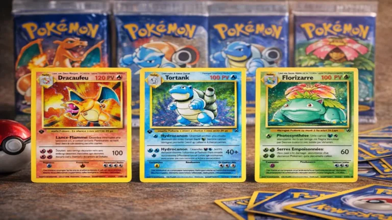 Cartes holographiques Dracaufeu, Tortank et Florizarre du Set de Base Pokémon 102/102 avec boosters en arrière-plan