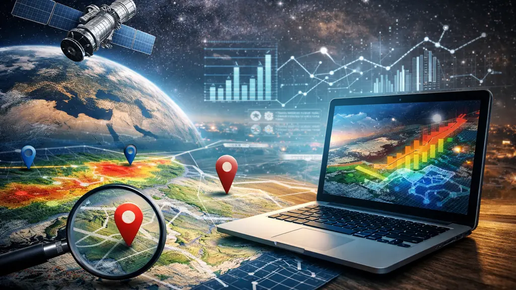 Illustration réaliste d’un système d’information géographique (SIG) avec carte interactive et analyse de données géolocalisées sur ordinateur