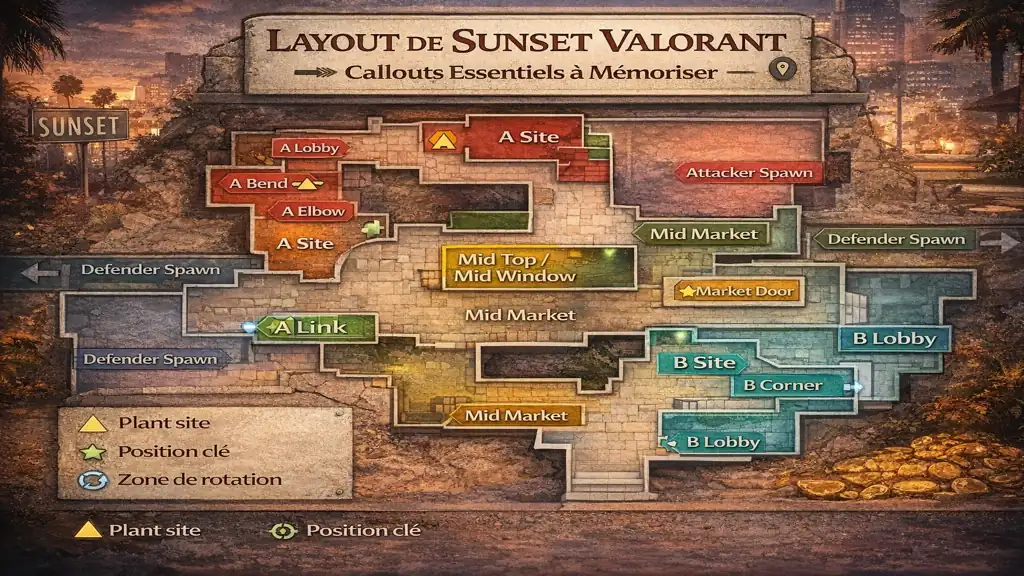 Carte tactique top-down de Sunset sur Valorant avec callouts A Site, B Site, Mid Market et zones de rotation.