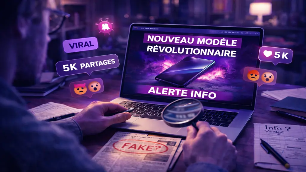 Personne vérifiant une information virale sur un ordinateur portable dans une ambiance sombre, illustrant la lutte contre les fake news et la désinformation en ligne.