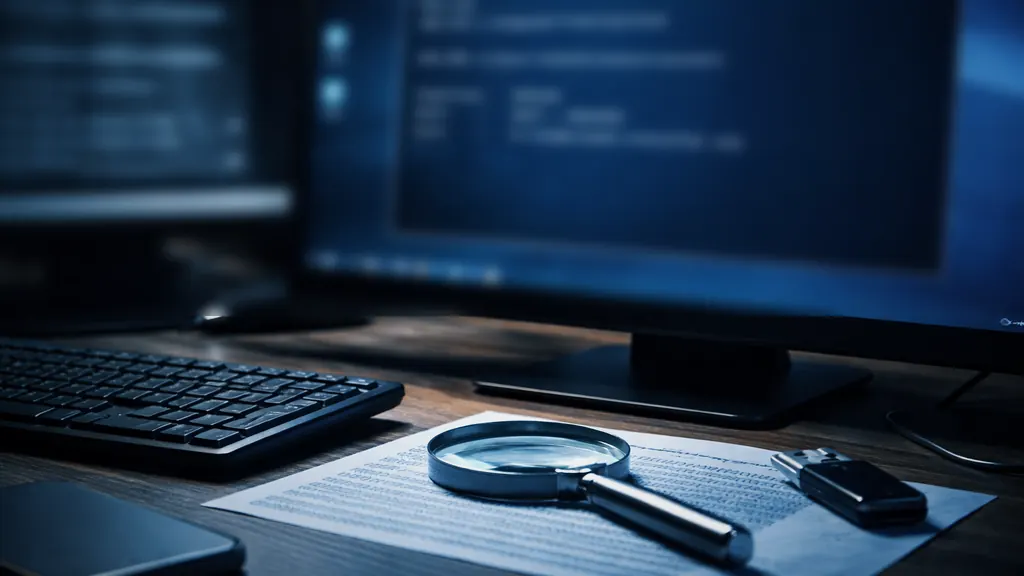 Bureau informatique avec écran flouté et outils de vérification, illustrant le contrôle d’intégrité d’un fichier téléchargé (hash SHA-256 et signature numérique)