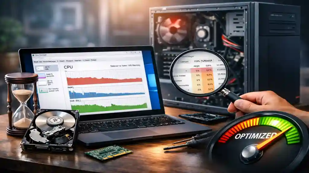 Diagnostic et optimisation des performances d’un PC sous Windows 11 avec analyse du processeur, de la mémoire et du disque