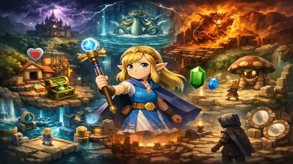 Zelda au centre d’Hyrule dans Echoes of Wisdom, tenant le bâton d’écho face aux temples de Lanelle, Ordinn et Firone dans une scène épique réaliste.