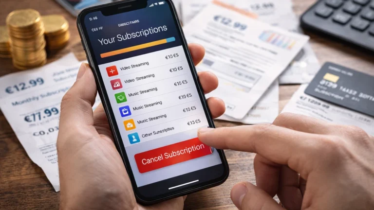 main tenant un smartphone affichant la gestion d’abonnements numériques avec factures et carte bancaire en arrière-plan dans une scène réaliste