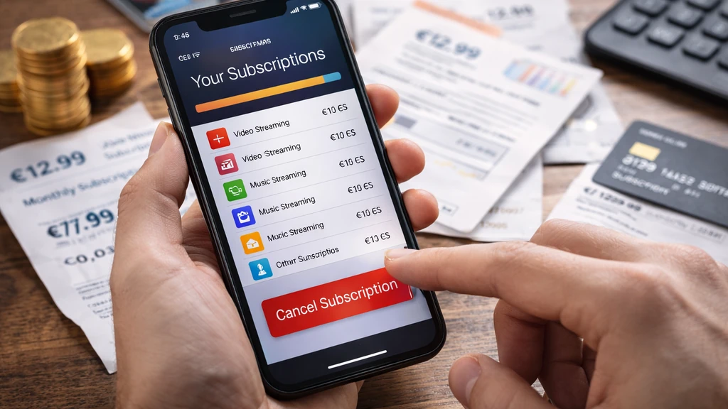 main tenant un smartphone affichant la gestion d’abonnements numériques avec factures et carte bancaire en arrière-plan dans une scène réaliste