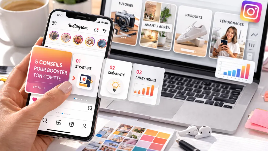 smartphone affichant un carrousel Instagram devant un ordinateur portable dans un espace de travail moderne et lumineux