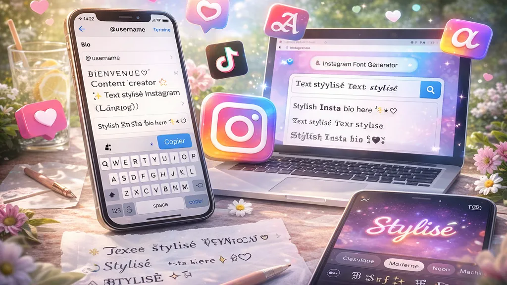 smartphone affichant une bio Instagram stylée à côté d’un ordinateur montrant un générateur de polices dans une scène moderne et lumineuse