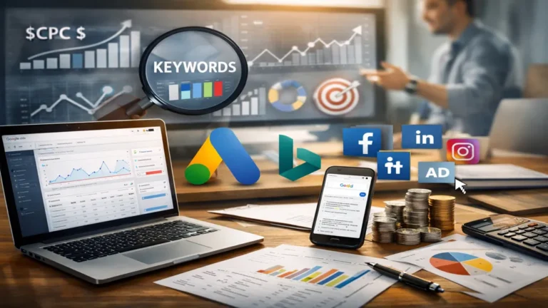 Formation SEA avec analyse de campagnes Google Ads sur ordinateur portable, graphiques de performance publicitaire et stratégie de mots-clés en marketing digital.