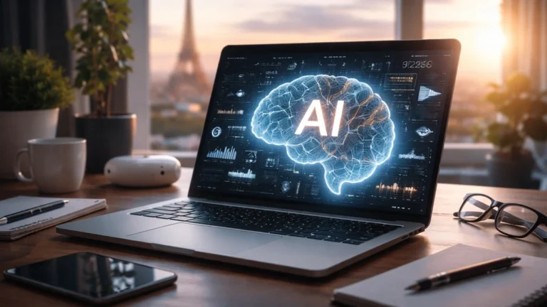 bureau moderne avec ordinateur portable affichant une interface d’intelligence artificielle dans un environnement de travail lumineux et réaliste