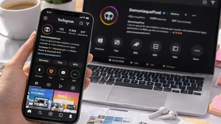 smartphone affichant Instagram en mode sombre devant un ordinateur portable dans un bureau moderne avec tasse de café et plante