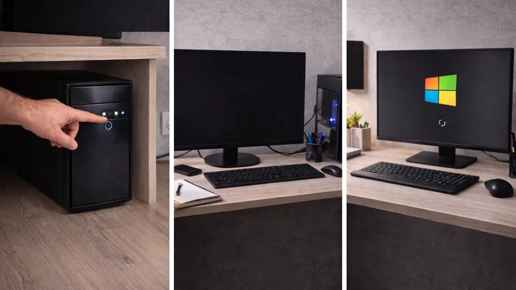 ordinateur de bureau en panne avec écran noir et main appuyant sur le bouton d’alimentation dans un environnement réaliste